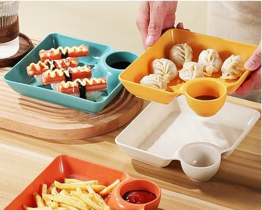 4 Pcs Snack Plate Set | Clear Plastic Dinner Plates, Condiment Containers & Serving Trays | Random Colour