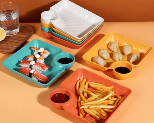4 Pcs Snack Plate Set | Clear Plastic Dinner Plates, Condiment Containers & Serving Trays | Random Colour